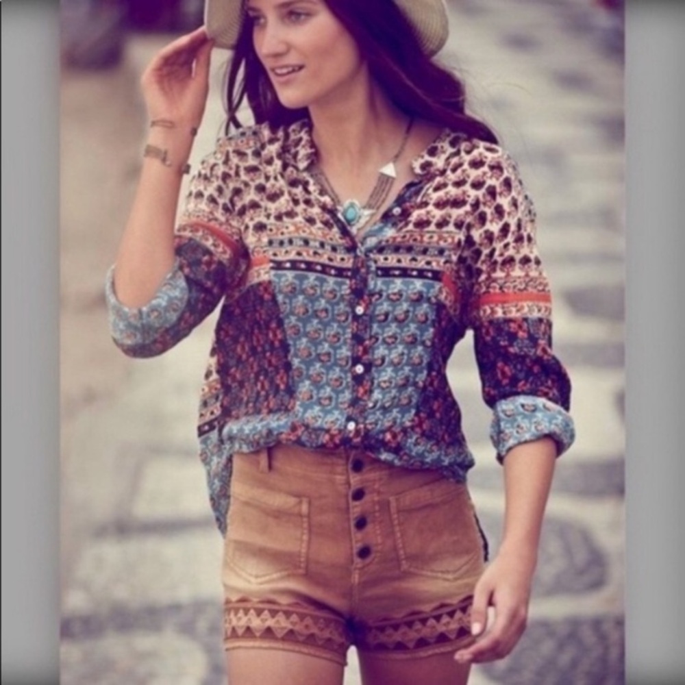 Free People Caravan Floral Button Patchwork Boho Rayon Top XS - Picture 8 of 12